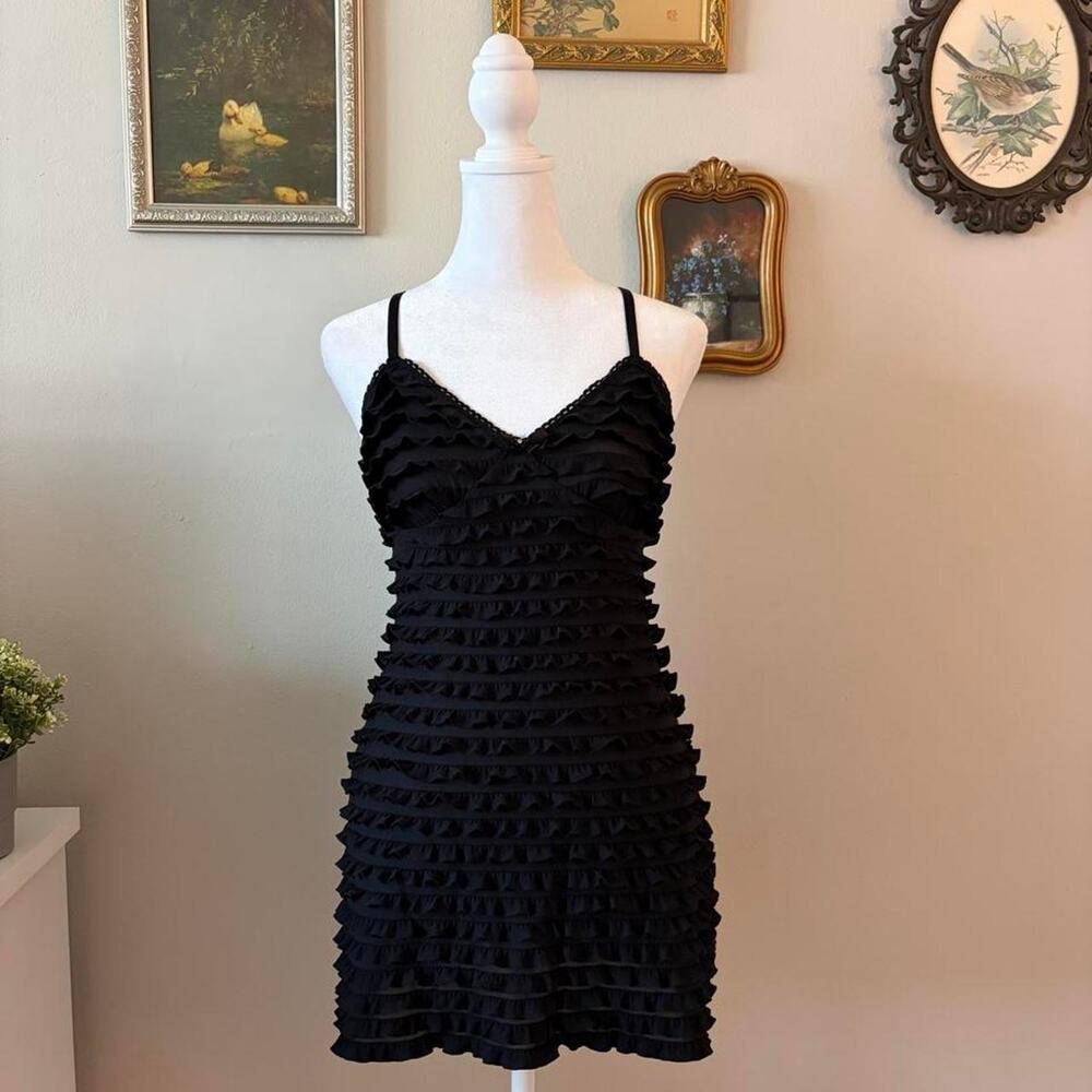 Vintage Bisou Bisou Intimates Black Tiered Ruffle Mini Dress / Slip Top ๐ค